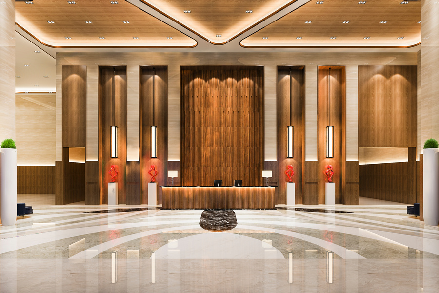 3D Rendering of Luxury Hotel Reception Hall 